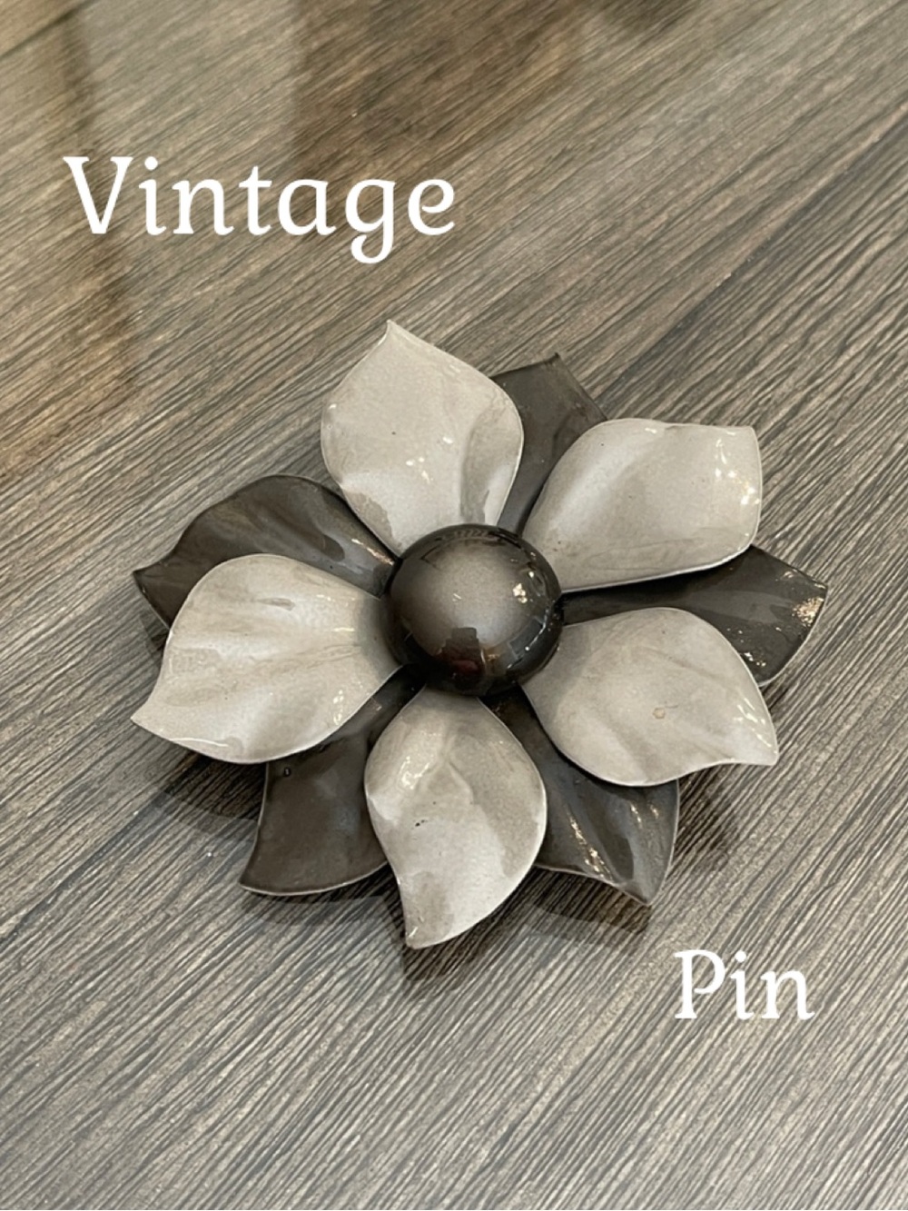 Vintage 1960’s Mod Two-tone Grey Metal Enamel Flower Power Brooch - Large Flower
